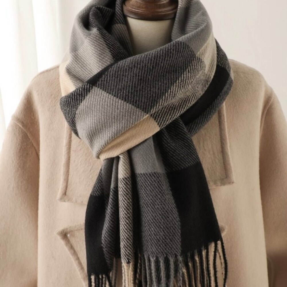 New Faux Cashmere Plaid Scarf w/ Tassels – Unisex Winter – 4 Color Choices